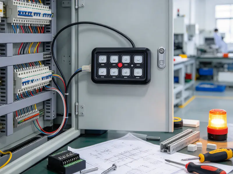 Black industrial panel switch with eight white buttons and red emergency button mounted on gray machine control cabinet beside terminal blocks wiring ducts screwdriver and engineering drawings.