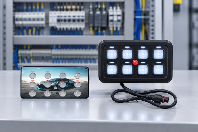 PanelControlComponentsLayoutforEasierDiagnostics-ioQJ Black eight button switch panel with a coiled waterproof cable beside a smartphone showing a matching control screen in front of a wired electrical cabinet.